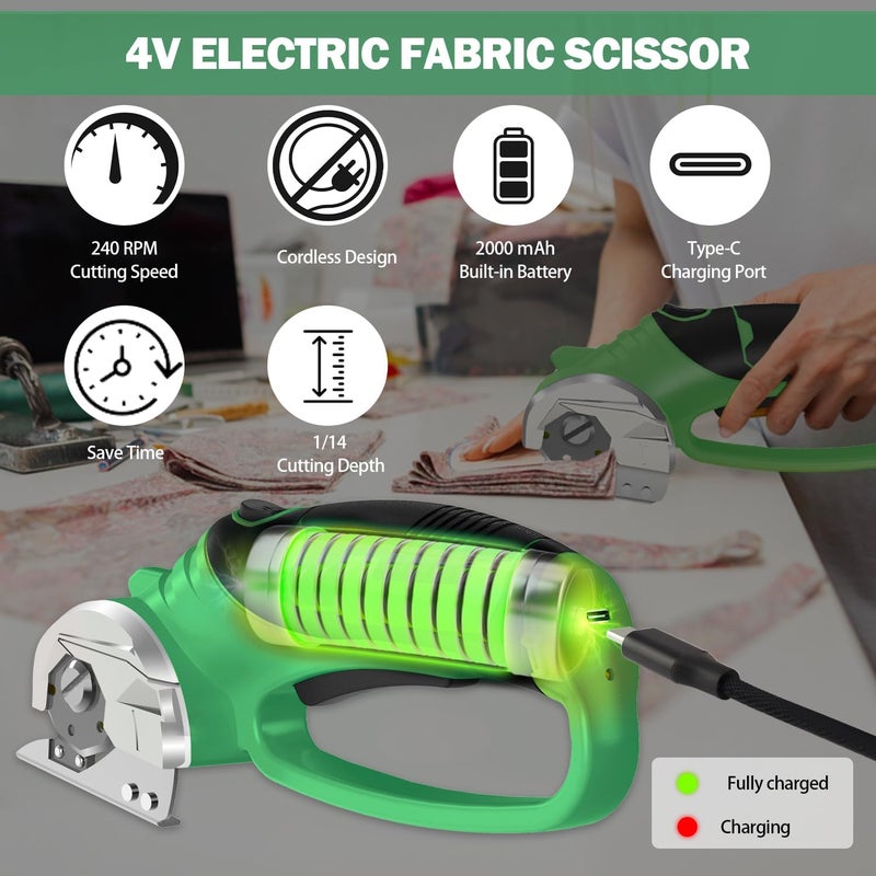 Pratuor Cordless Electric Scissors, 4V Box Cutter & Cardboard Cutter with Upgrade Blade, LED Light, Safety Lock - Rechargeable Rotary Cutter for Fabric, Leather, Plastic, Sewing, Industrial (Lime Green) - Image 4